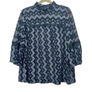 Anna Sui Top Blue Black Chevron Lace Bell Sleeve High Neck Cottagecore Large